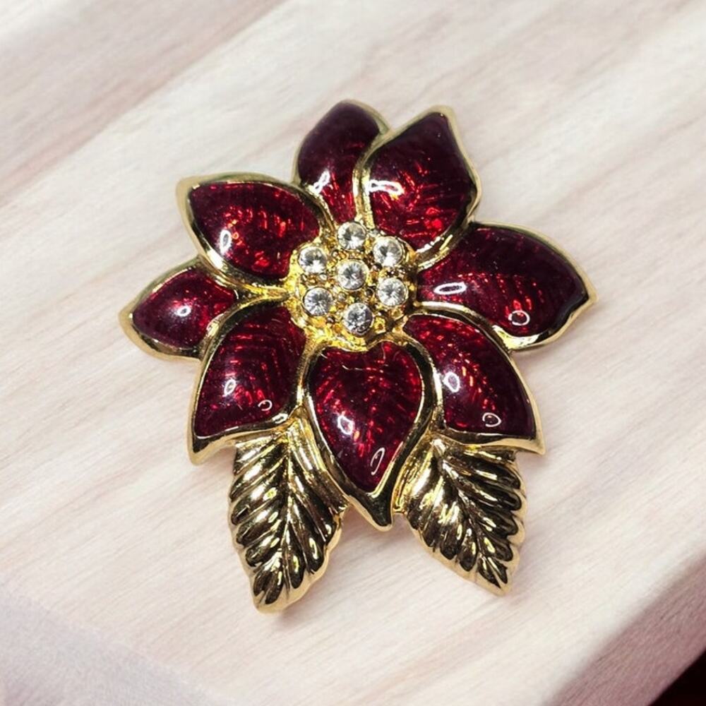 Monet Poinsettia Brooch Red Enamel Rhinestone Gold Tone Pin - Holiday Glam